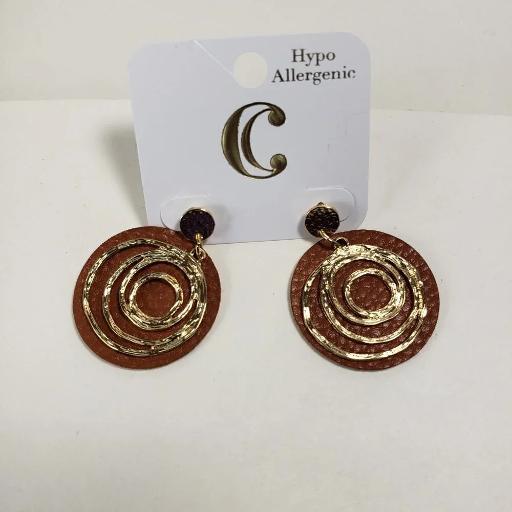 Stylish Gold Spiral Hoop & Brown Leather Drop Stud Earrings 4 Fashionable Women